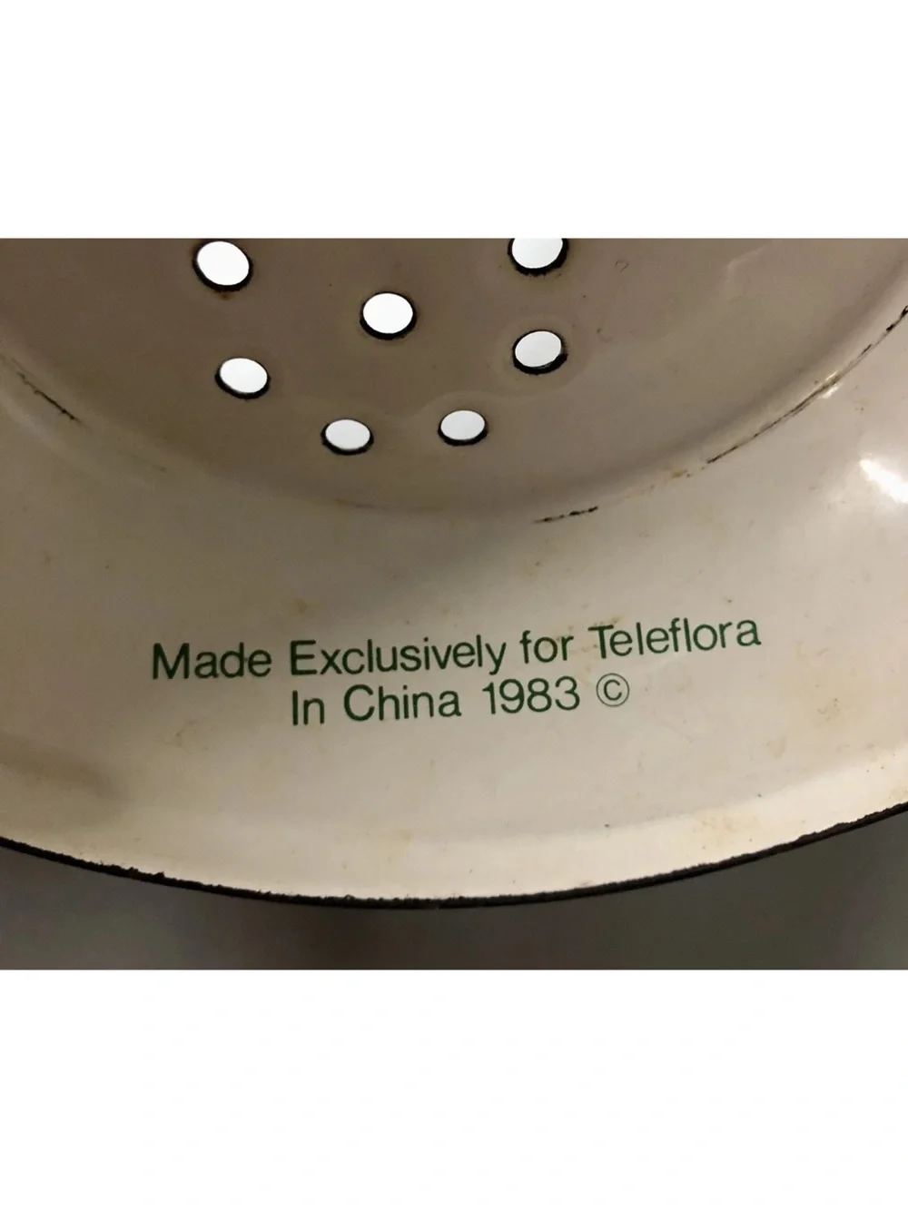 Vintage Teleflora White Enamel Strawberry Colander with Red & Green Motif